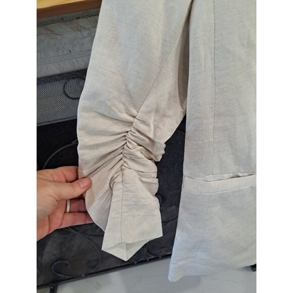 H&M Linen Bld Beige Ruched Sleeve Blazer Women's Size 8 Lightweight Open Front - Picture 3 of 10